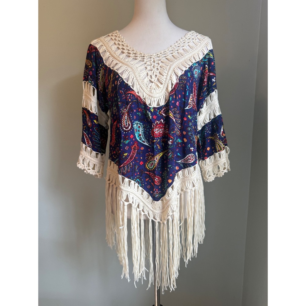 Paisley Crochet Fringe Boho Top Navy Blue Medium NWT colorful whimsigoth festiva